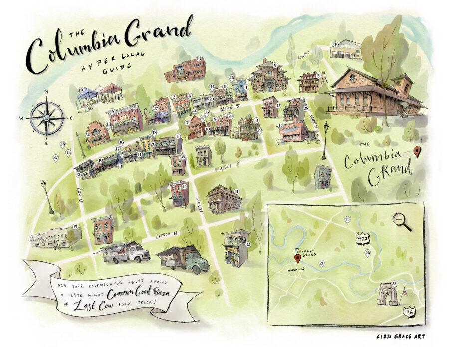 Illustrated map of the Columbia Grand area, highlighting local buildings, attractions, and a food truck location.