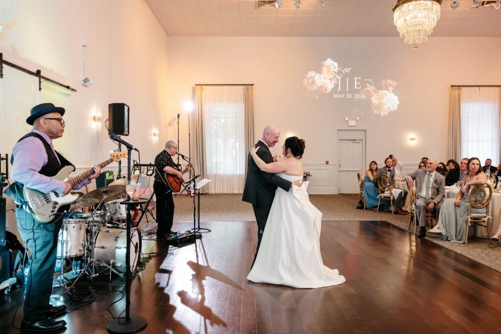 A bride and groom share their first dance as a live band plays and guests watch in an elegant reception hall.